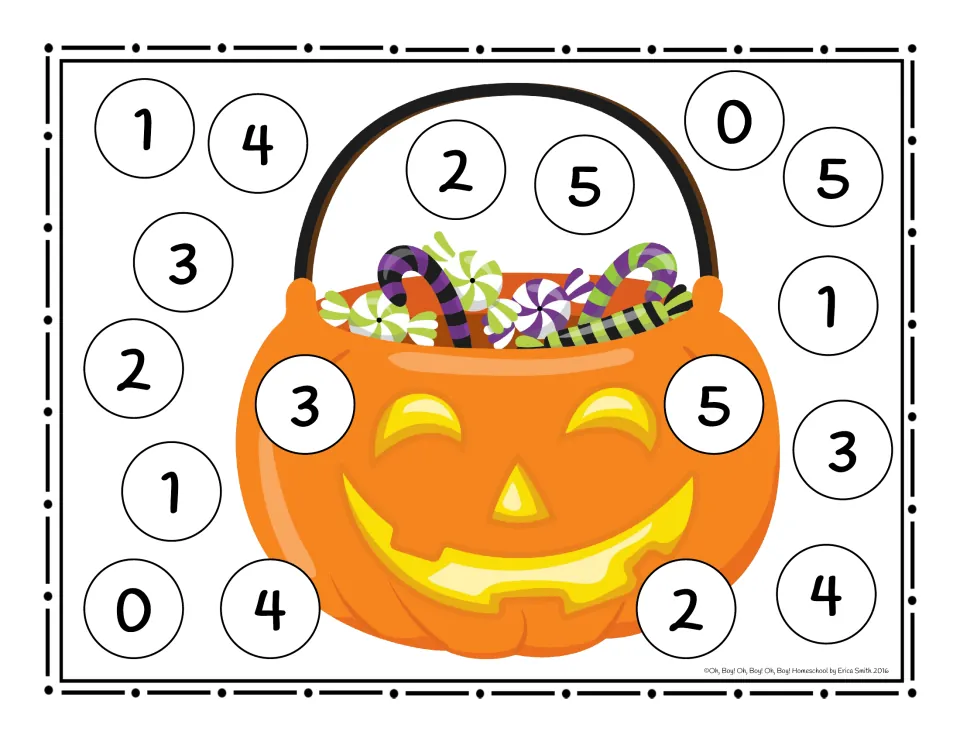 Roll and cover board 0–5: a jack-o'-lantern candy pail with numbers 0 to 5 scattered around it, in color