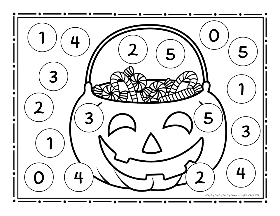 Black-and-white roll and cover board with the smiling jack-o'-lantern pail full of candy and numbers 0–5
