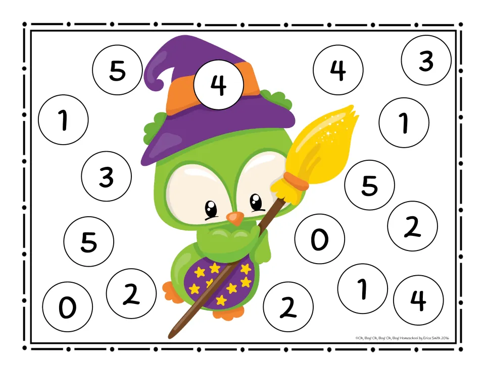 Roll and cover board 0–5: a green owl in a witch hat holding a broom, in color