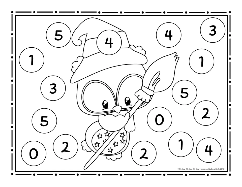 Black-and-white roll and cover board 0–5 with the witch-hat owl and broom, ready to color or cover