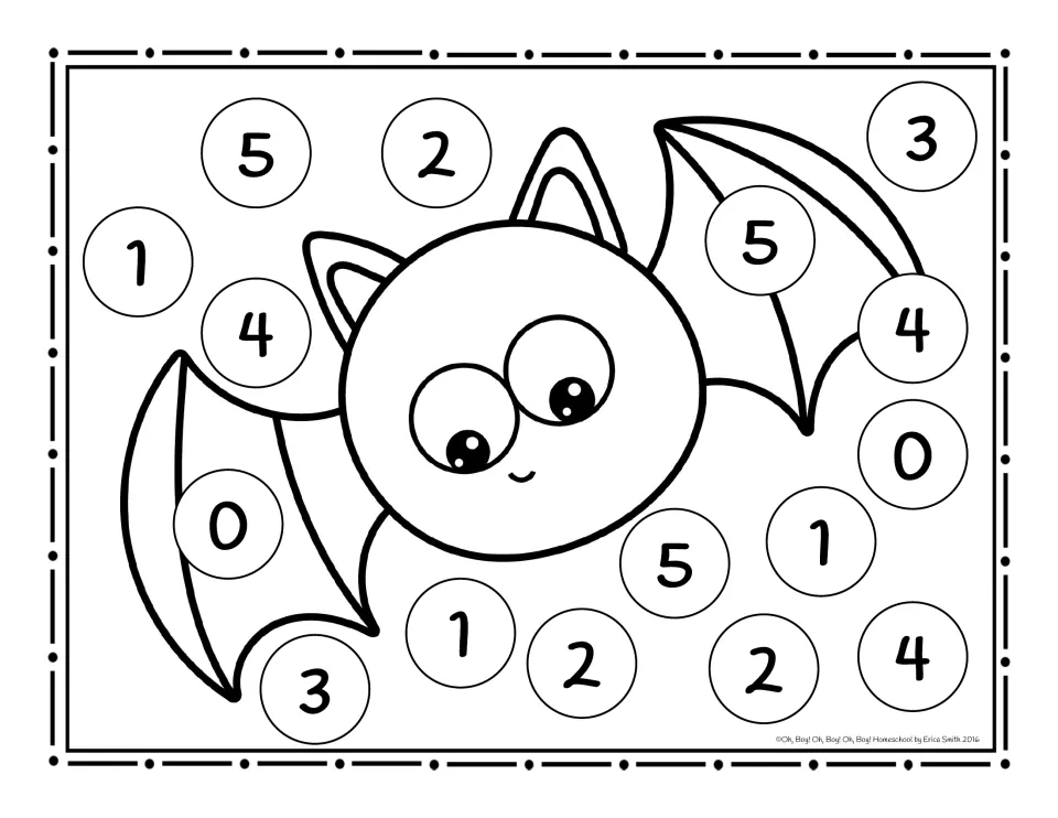 Black-and-white roll and cover board with the flying bat outline and numbers 0–5 to cover or color