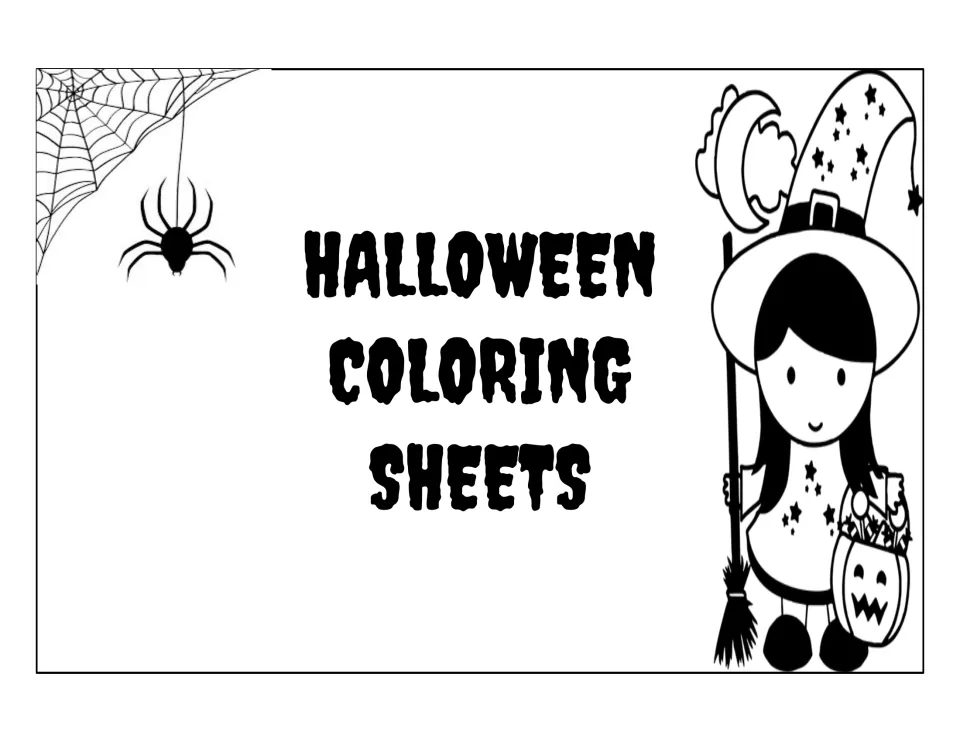 Halloween Coloring Sheets cover: a spider on its web and a smiling witch girl holding a broom and a jack-o'-lantern pail