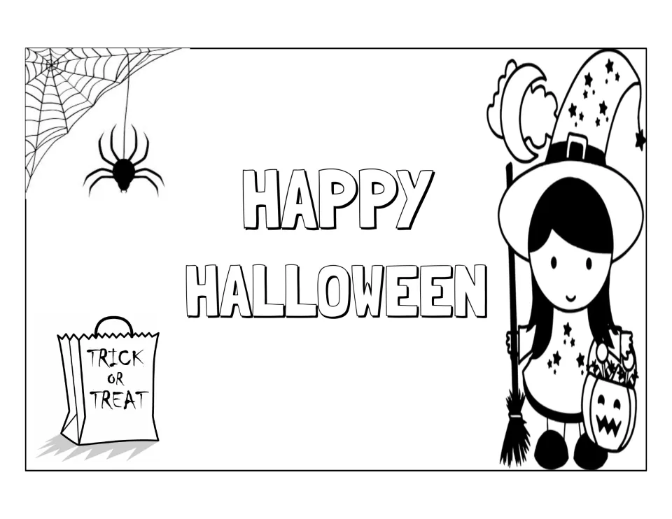 Happy Halloween coloring page: students color outlined bubble letters, a witch girl, a spider and a trick-or-treat bag