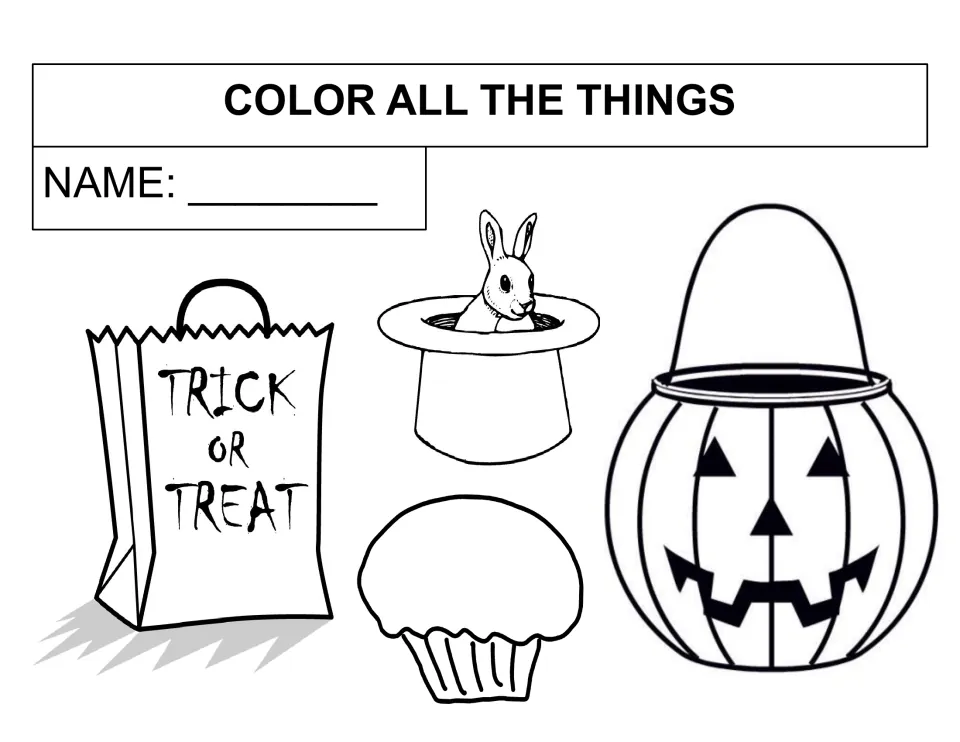 Color all the things: students color a trick-or-treat bag, a rabbit in a magic hat, a cupcake and a jack-o'-lantern pail