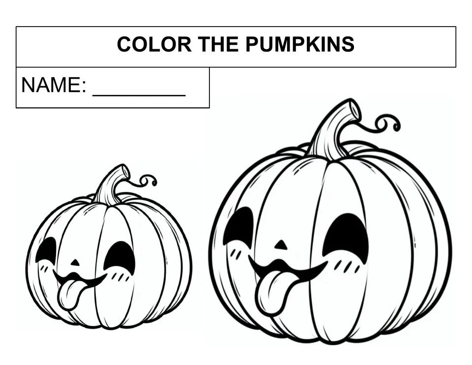 Color the pumpkins: students color two smiling pumpkins, one small and one large, each sticking out its tongue
