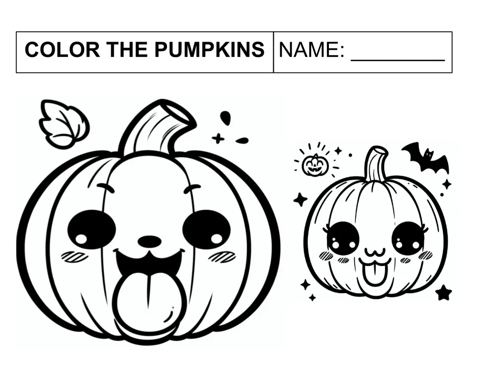 Color the pumpkins: students color a big and a little cartoon pumpkin with tongues out, plus a leaf, bat and tiny stars