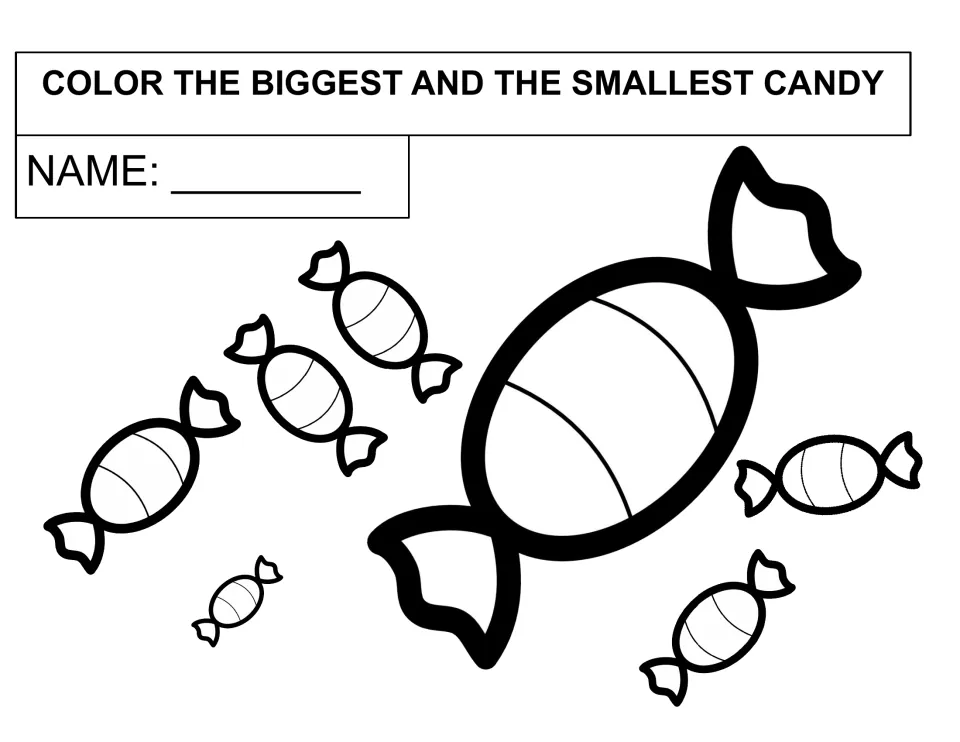Comparing size with candy: students find and color only the biggest and the smallest of seven wrapped candies