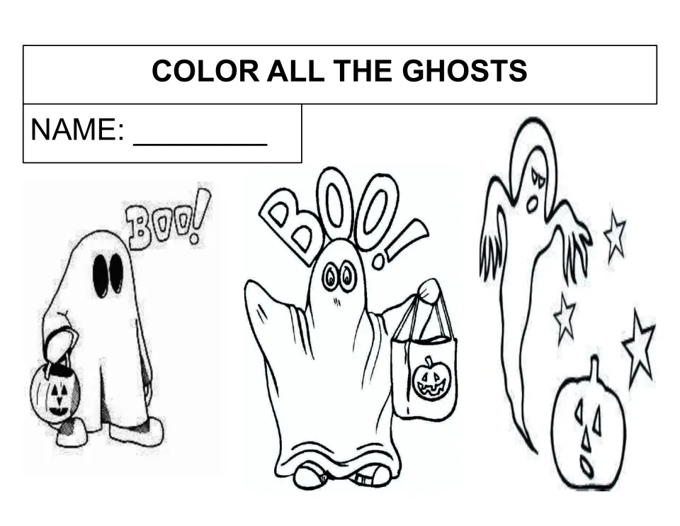 Color all the ghosts: students color three ghosts, two shouting BOO! with treat pails, one by stars and a pumpkin