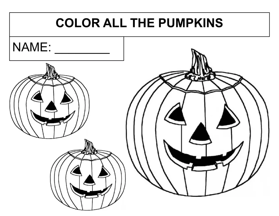 Color all the pumpkins: students color three jack-o'-lanterns with triangle eyes and toothy grins, two small and one large