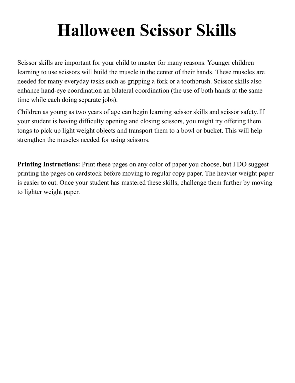 Introduction on why scissor skills matter, a tongs tip for hand strength, and cardstock printing instructions