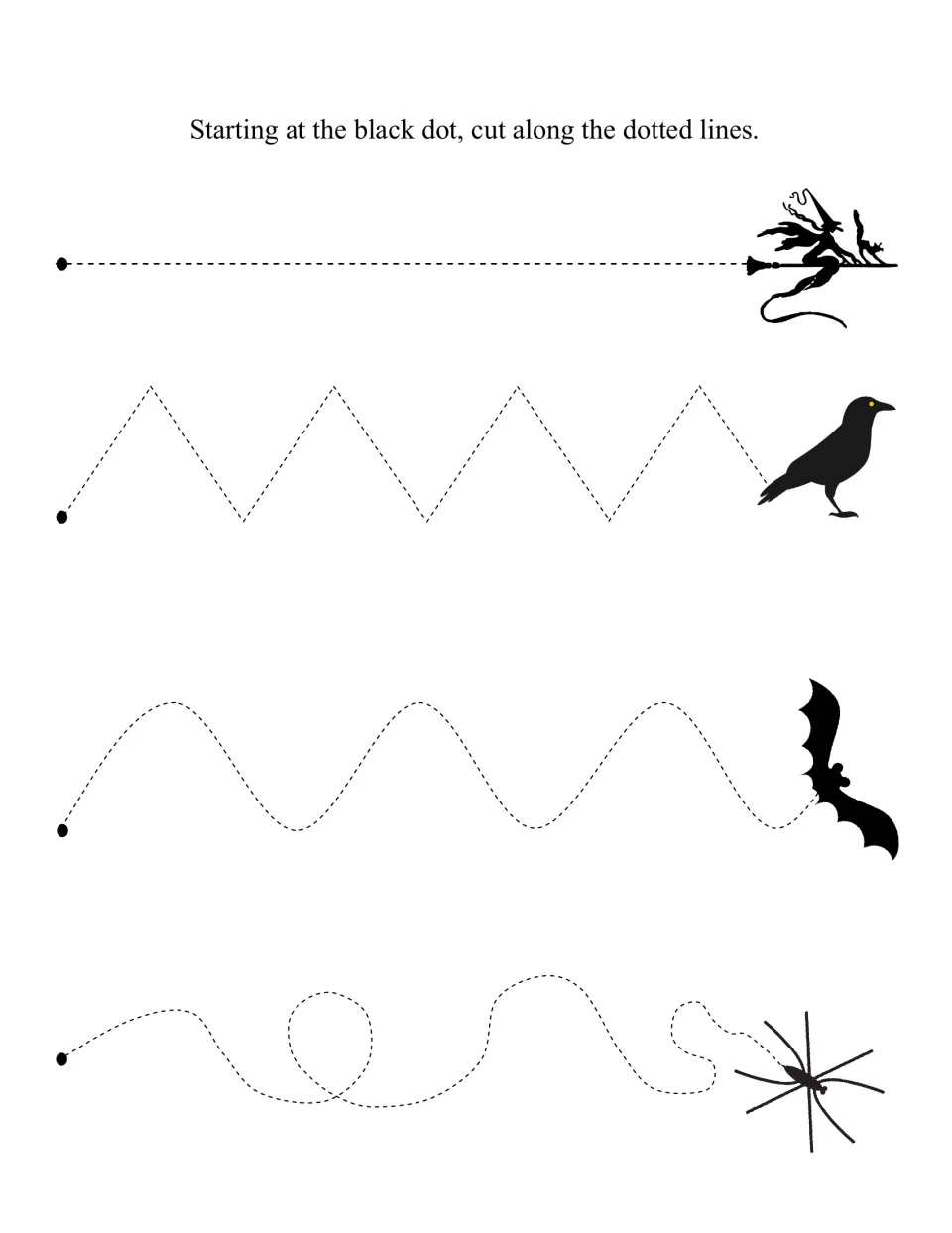 Cutting lines from a black dot: straight line to a witch, zigzag to a crow, wave to a bat, loops to a spider