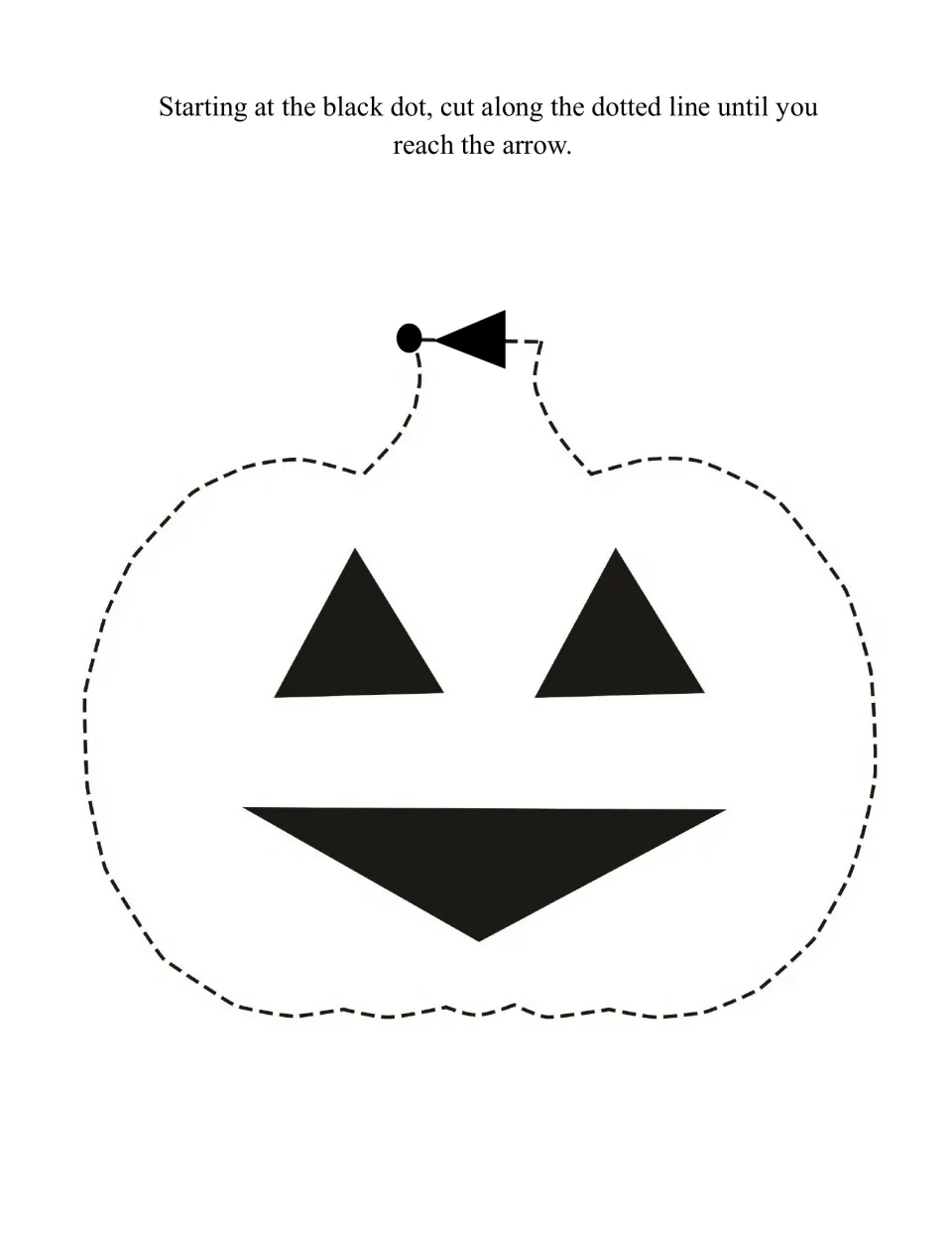 Jack-o'-lantern to cut out along a dashed outline, starting at the black dot by the stem and ending at the arrow