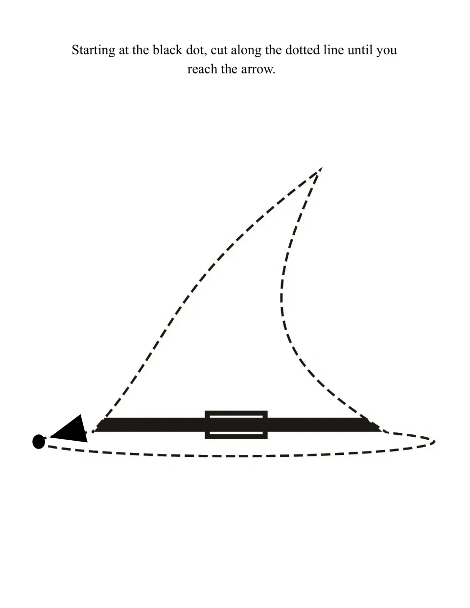 Witch hat with a buckled band to cut out along its dashed outline, from the black dot at the brim to the arrow