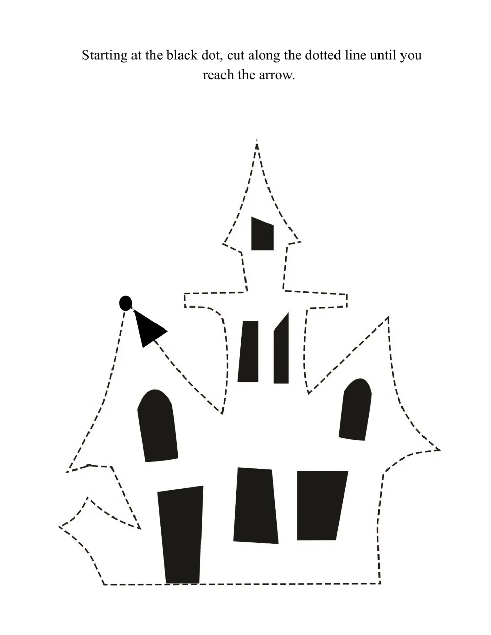 Haunted house with a tall tower and black windows to cut out along its dashed outline, starting at the roof's dot