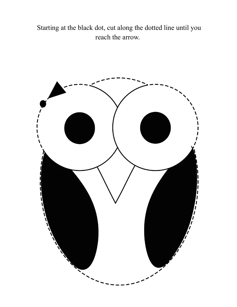 Owl with big round eyes and black wings to cut out along a dashed oval outline, from the black dot to the arrow