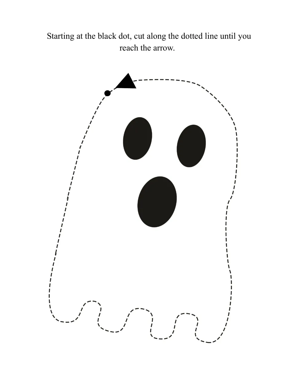 Ghost with oval eyes and an open mouth to cut out along a dashed outline with a wavy bottom edge, dot to arrow