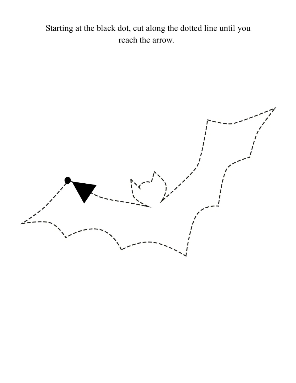 Flying bat outline to cut out along the dashed line, with pointed wings and ears, from the black dot to the arrow