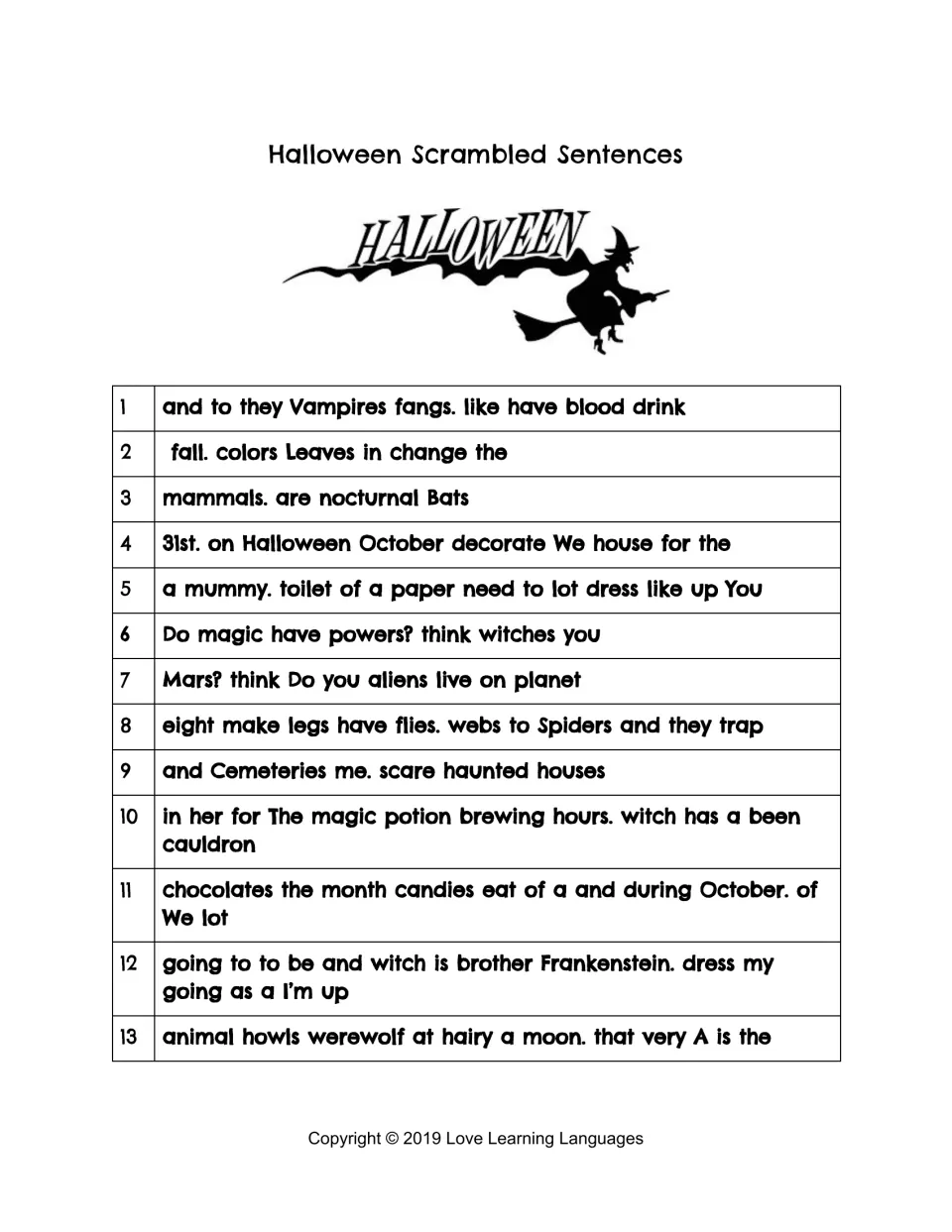 Halloween word order: students unscramble 13 jumbled sentences about bats, witches, mummies, spiders and werewolves