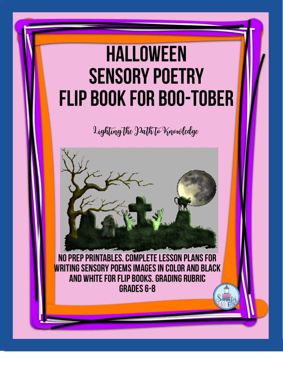 Halloween Sensory Poetry Flip Book for BOO-Tober cover: graveyard scene; lists lesson plans, flip book images and rubric
