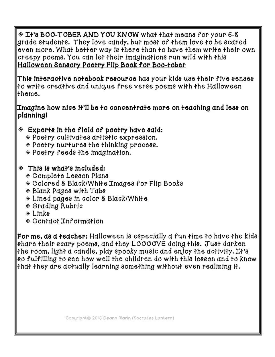 Resource overview: students use the five senses to write free verse Halloween poems; lists lesson plans, tab pages, rubric