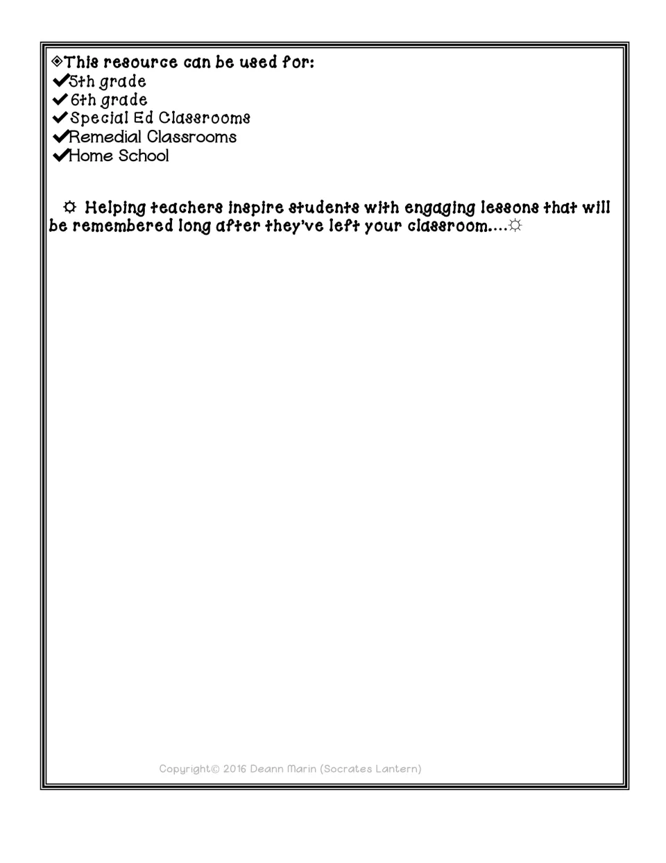 Suggested uses note listing classroom settings such as special ed, remedial classrooms and home school, plus a tagline
