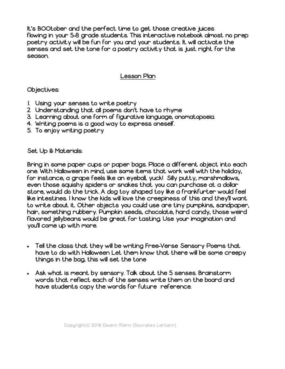 Sensory poetry lesson plan: objectives on free verse and onomatopoeia, mystery-bag items, and a five senses word brainstorm