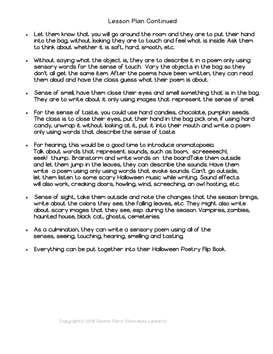 Lesson steps for writing a poem for each sense: touch and taste via mystery bags, sound words for hearing, seasonal sights