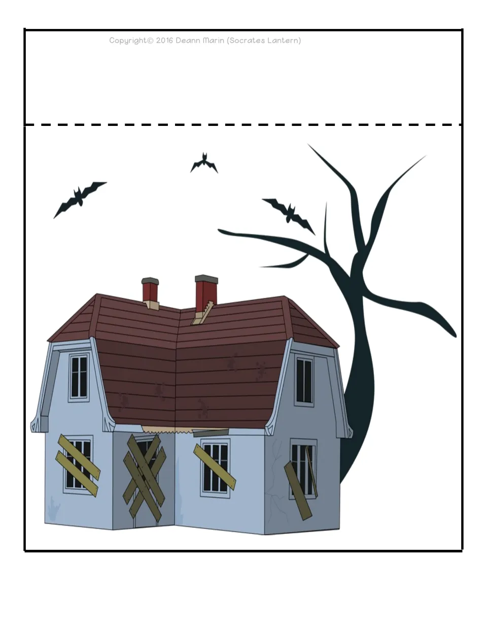 Flip book image page in color: a boarded-up haunted house, bare tree and bats, with a top tab for the notebook