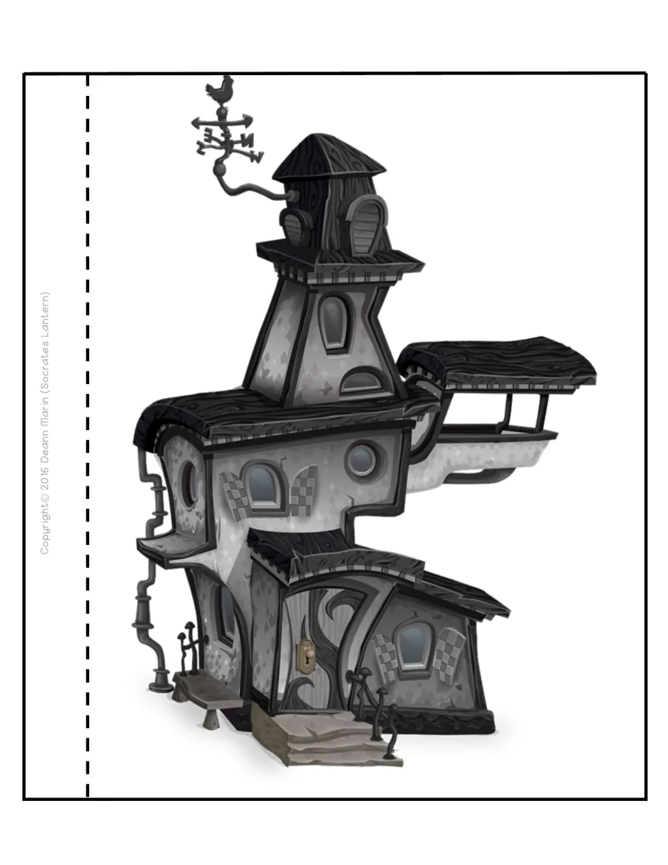 Flip book image page in black and white: a crooked, multi-story spooky house with a weather vane and a left-side tab