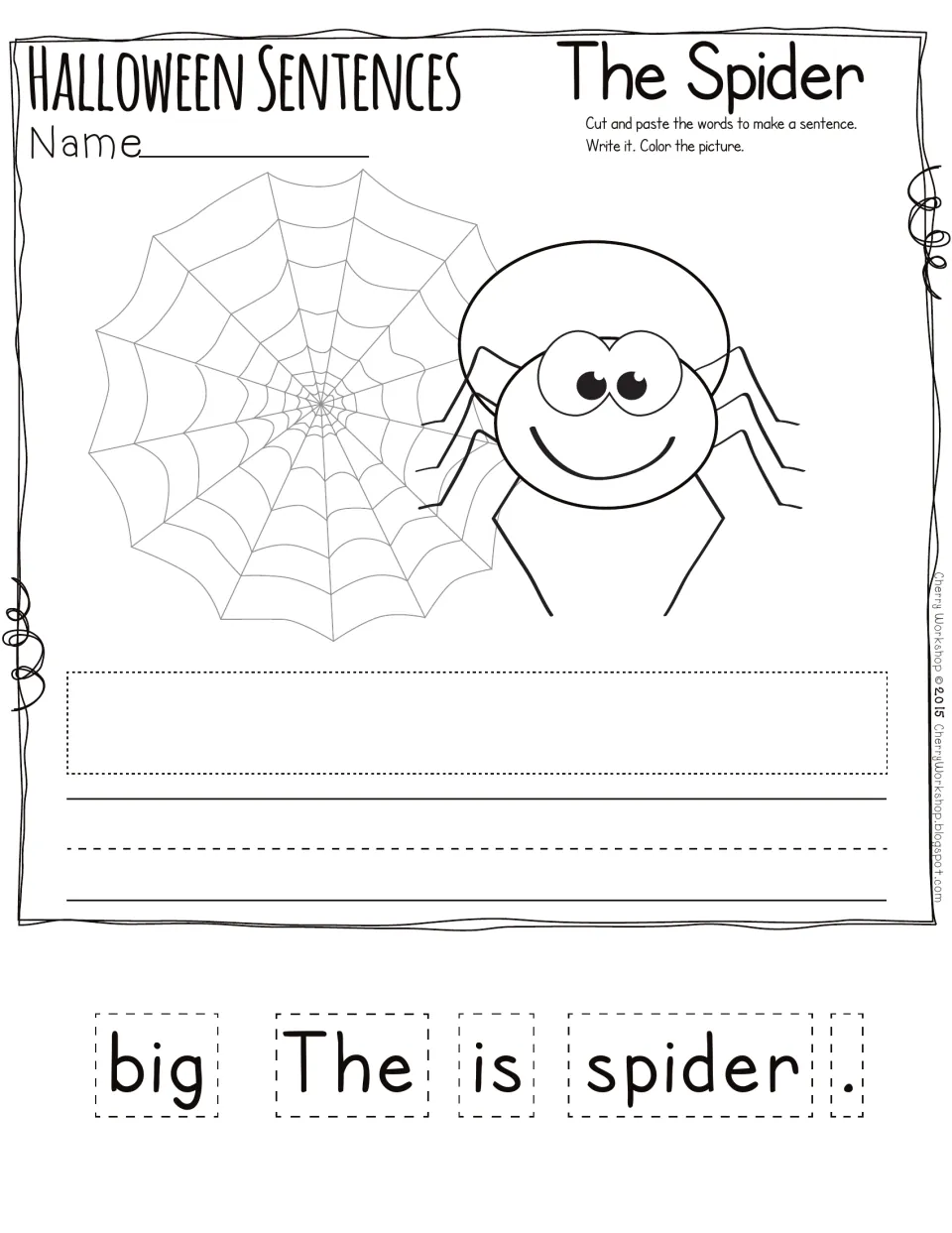 The Spider sentence building: students cut and paste big, The, is, spider and a period in order, write it and color