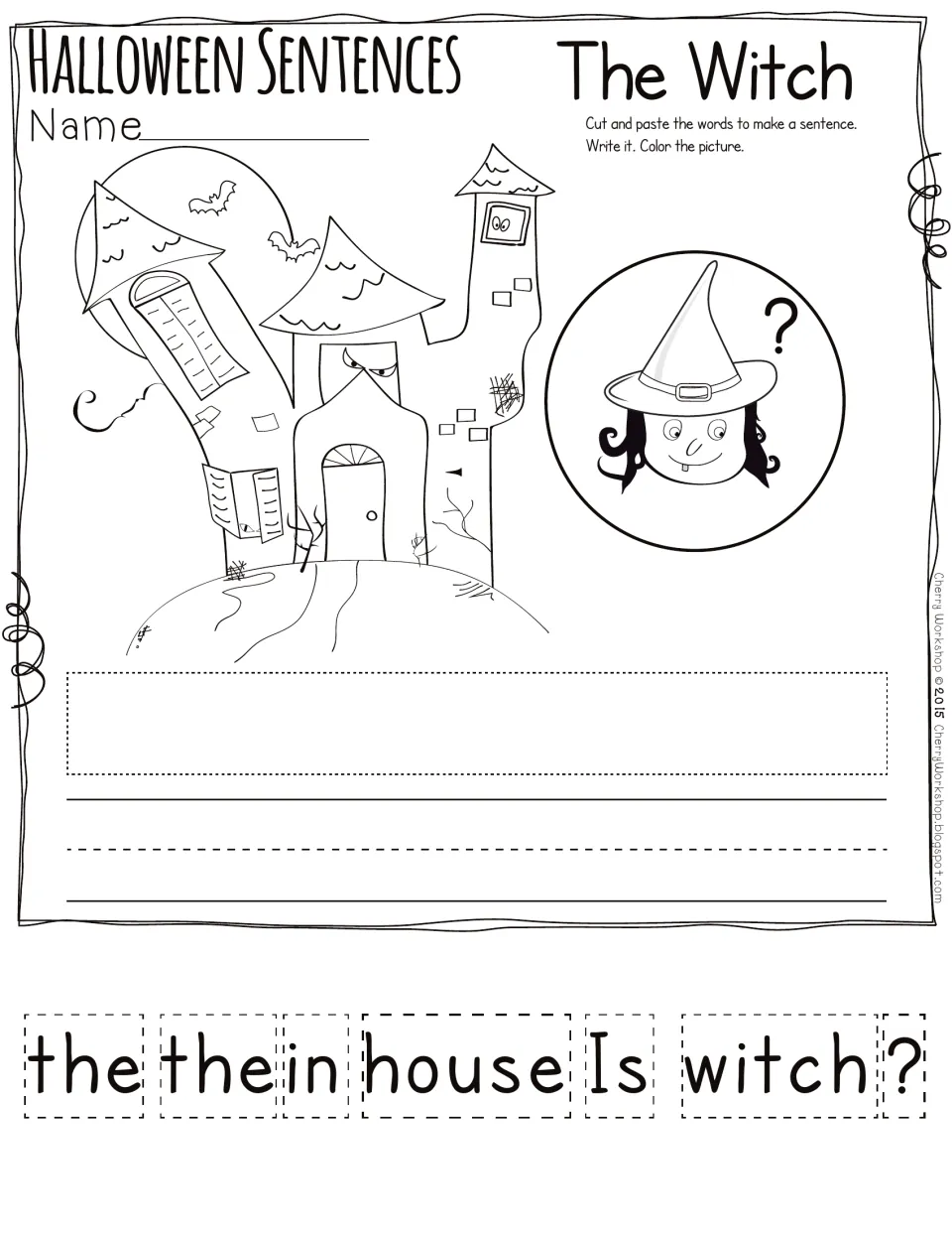 The Witch question building: students cut and paste the, the, in, house, Is, witch and ? in order and write the question