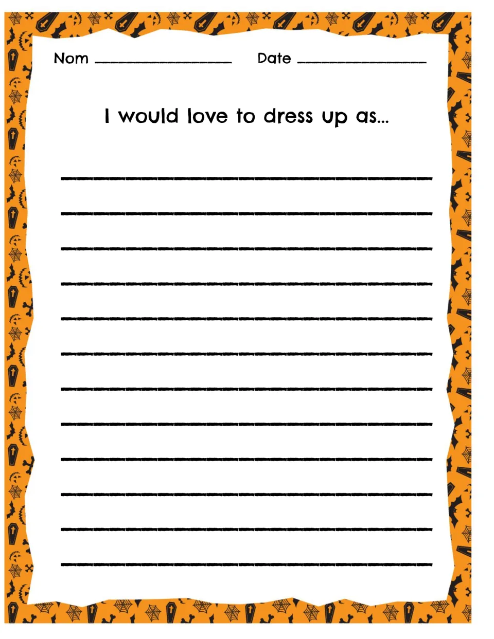 Halloween costume writing prompt: students complete the stem "I would love to dress up as..." in their own sentences