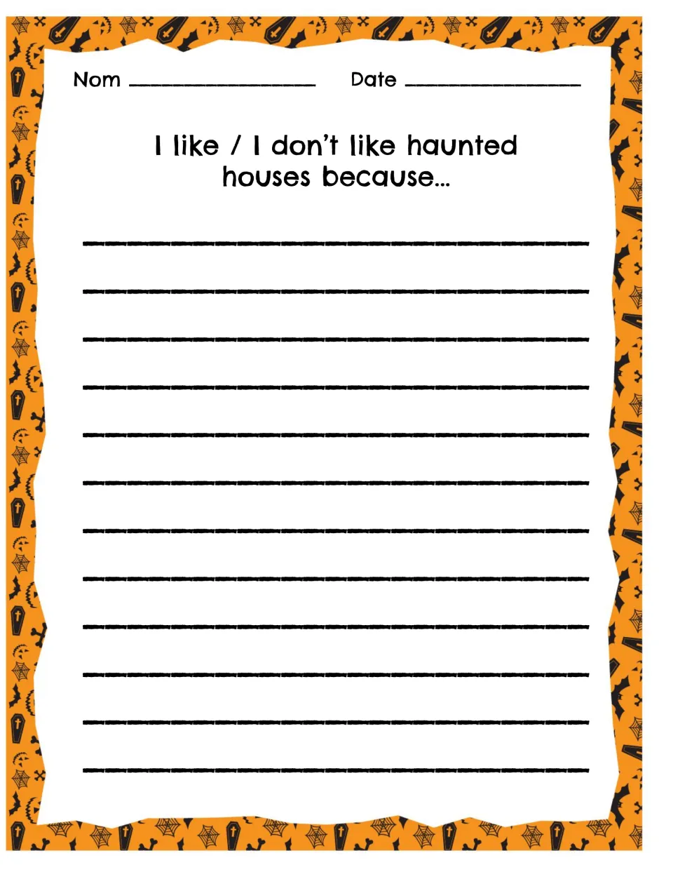 Haunted house opinion writing: students choose "I like / I don't like haunted houses because..." and support their view