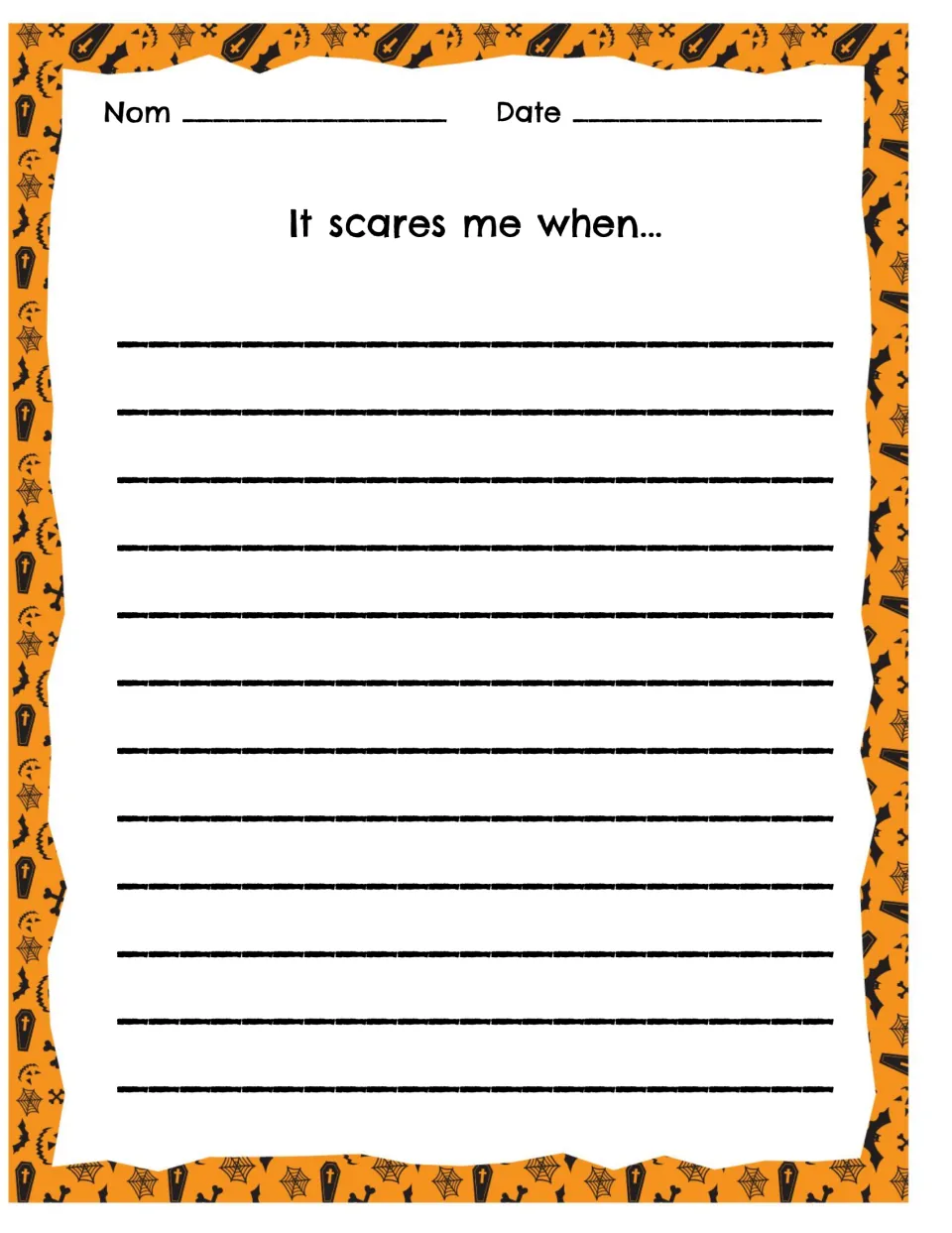 Writing about fears: students finish the sentence starter "It scares me when..." to describe something that frightens them