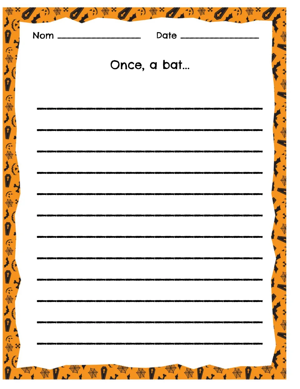 Bat story starter: students continue the opening "Once, a bat..." to invent and write their own Halloween tale