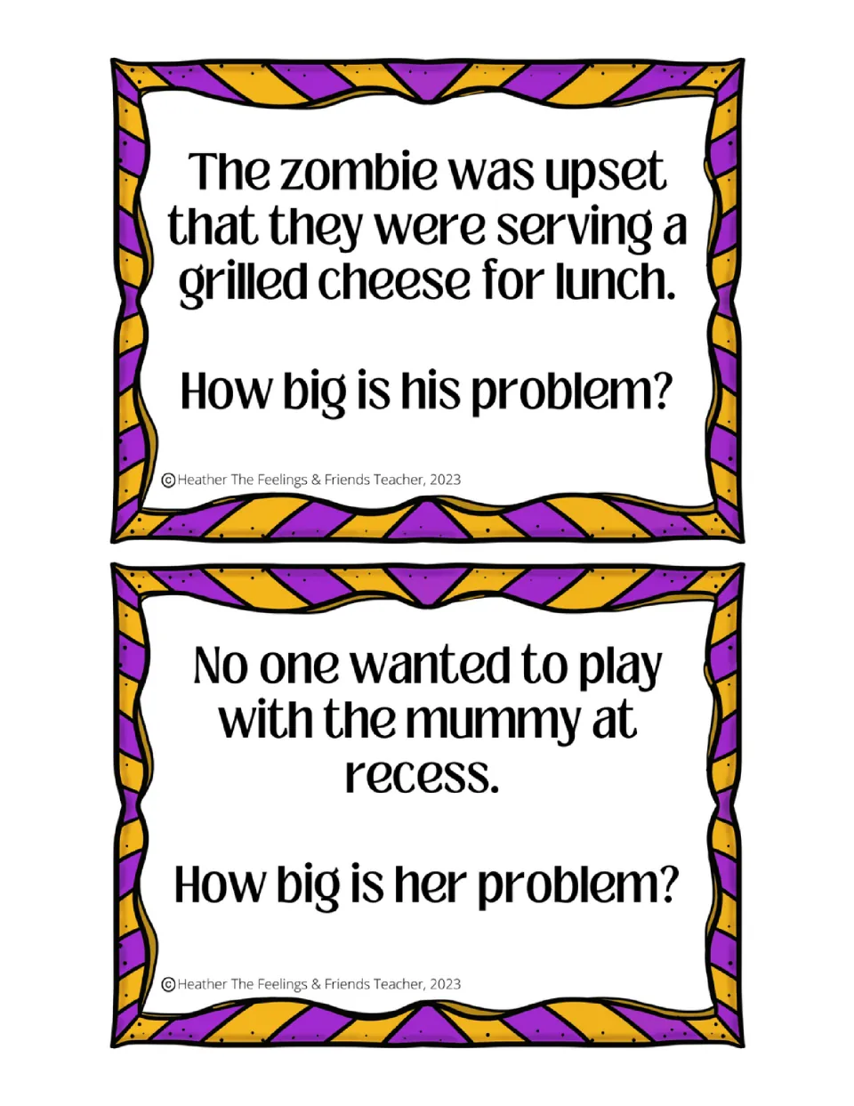 Problem-size task cards: students decide how big it is when a zombie dislikes grilled cheese and nobody plays with a mummy