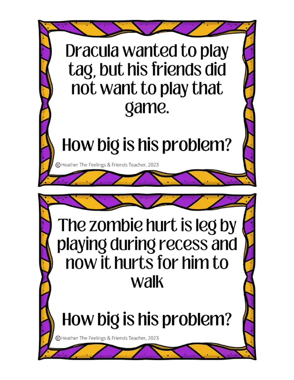 Sizing up problems: students judge Dracula's friends refusing to play tag and a zombie's leg injury from recess
