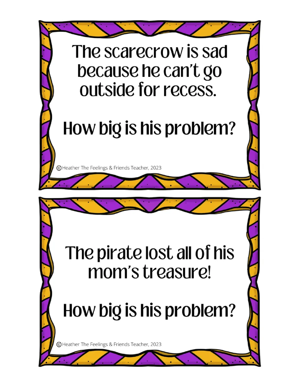 Halloween problem cards: students rate a scarecrow missing outdoor recess and a pirate who lost all of his mom's treasure