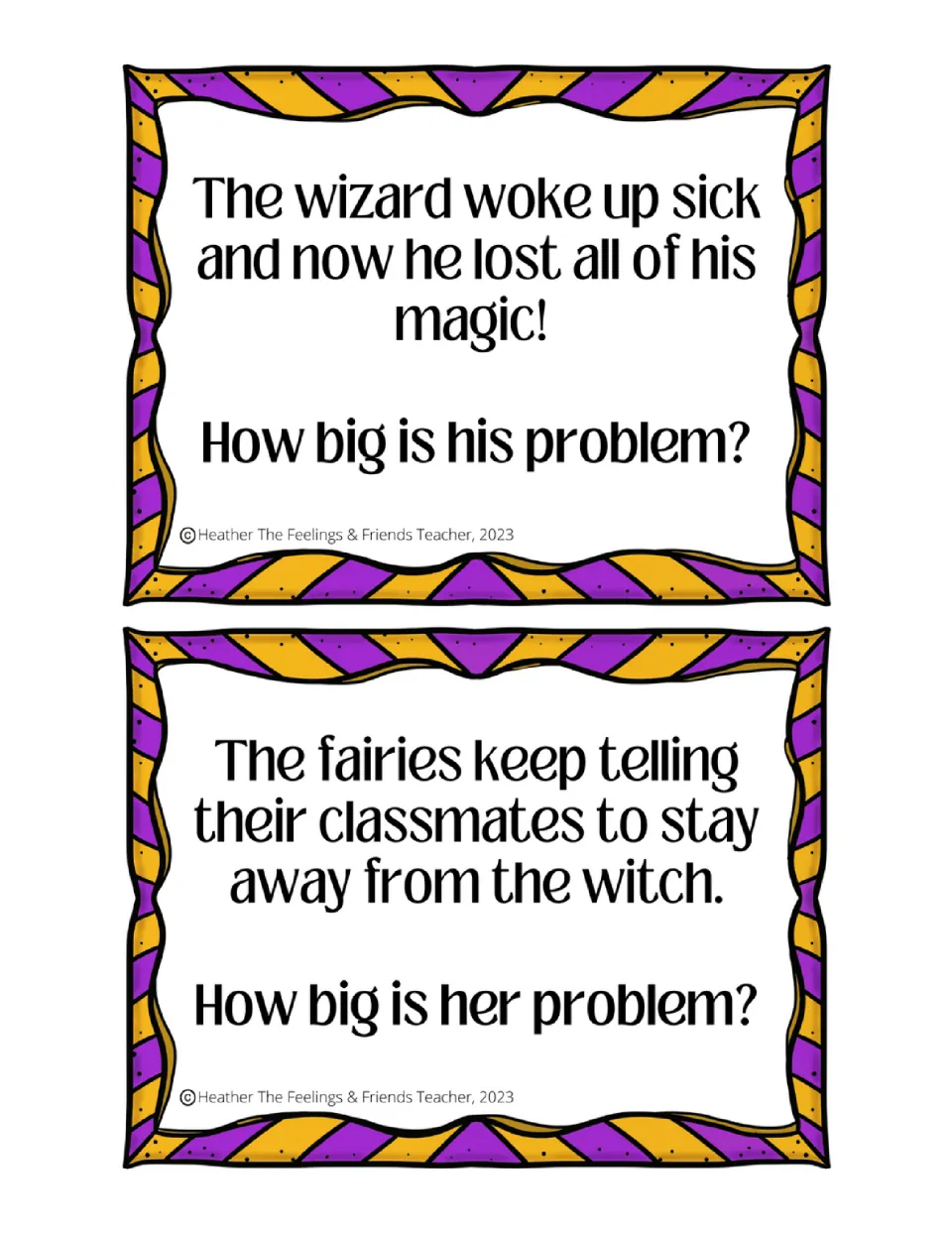 Social problem cards: students weigh a sick wizard who lost his magic and fairies telling classmates to avoid a witch