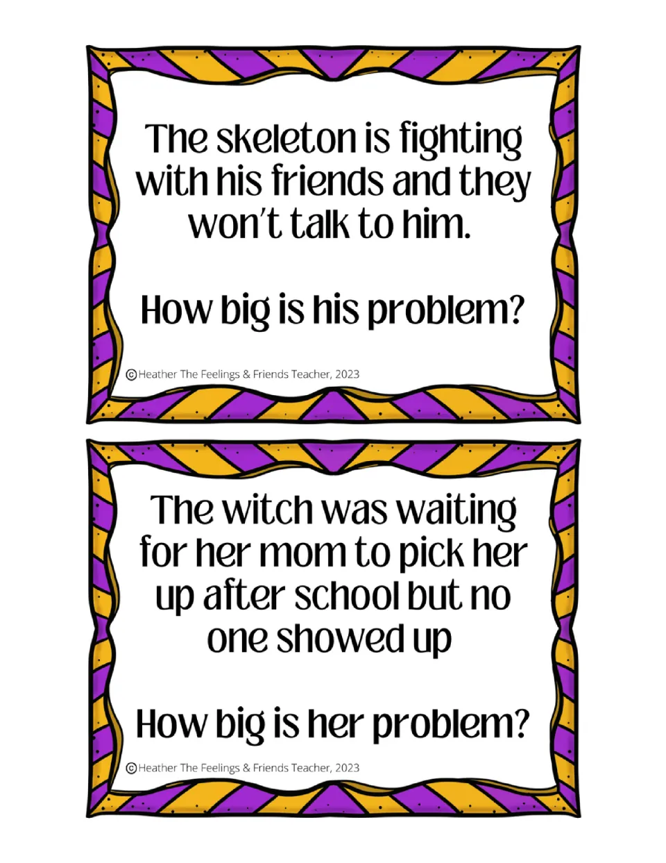 Problem-size scenarios: students judge a skeleton whose friends won't talk to him and a witch not picked up after school