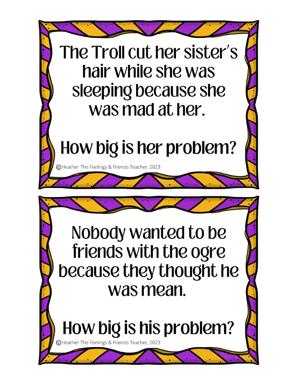 Monster conflict cards: students size up a troll cutting her sleeping sister's hair and an ogre others think is mean