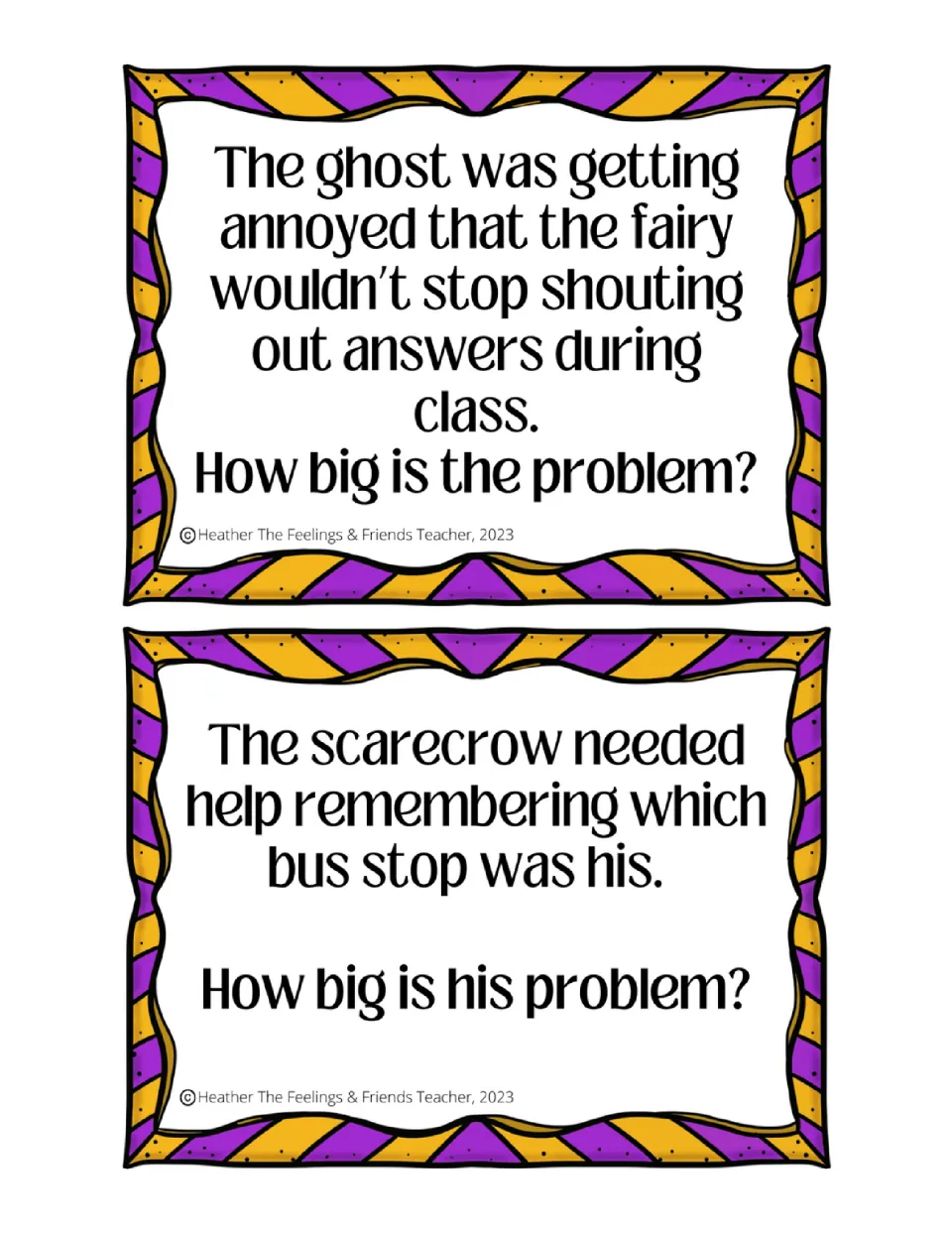 Classroom problem cards: students judge a ghost annoyed by a fairy shouting answers and a scarecrow unsure of his bus stop