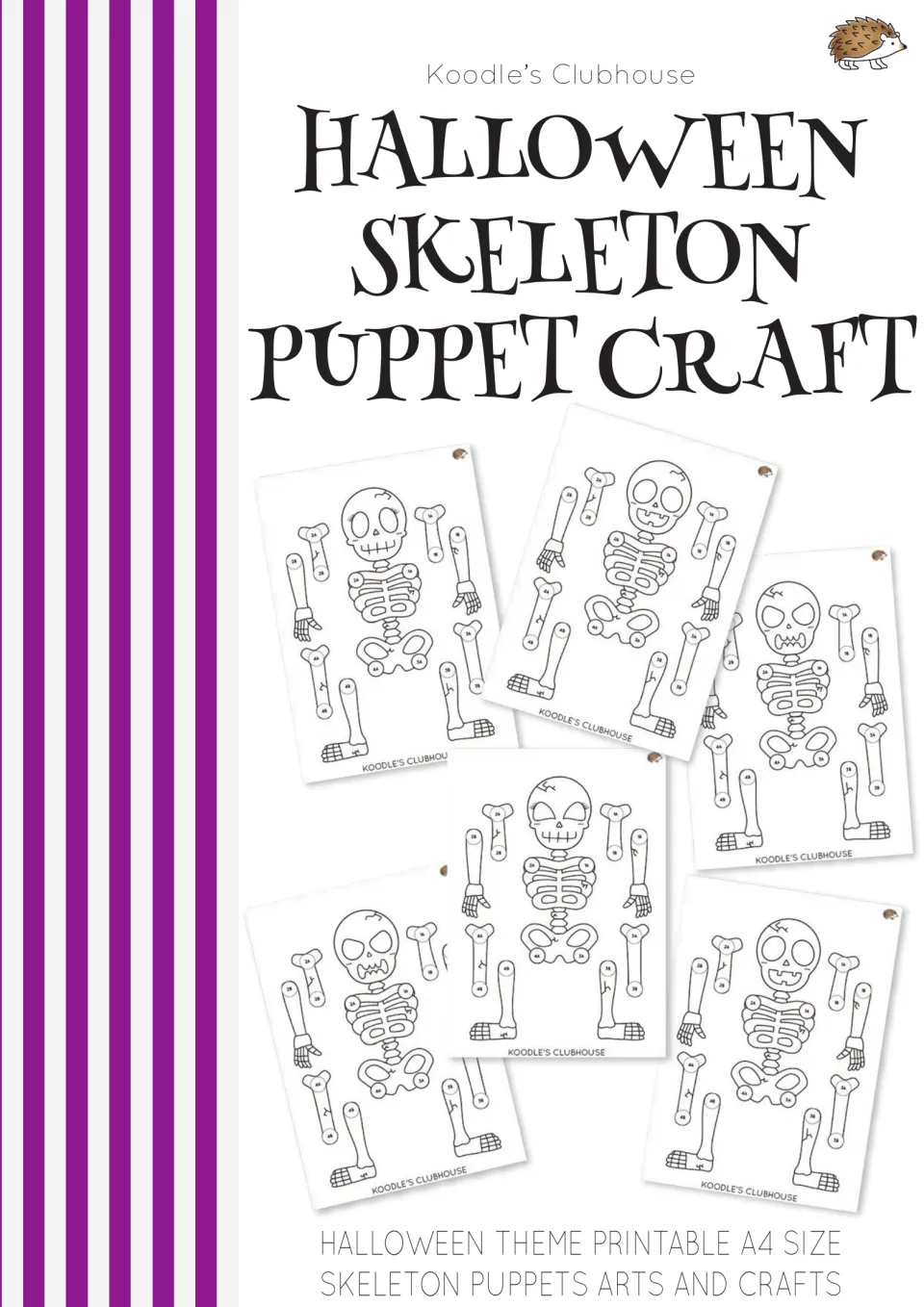 Cover for a skeleton puppet craft by Koodle's Clubhouse, showing six printable A4 skeleton templates to color and cut