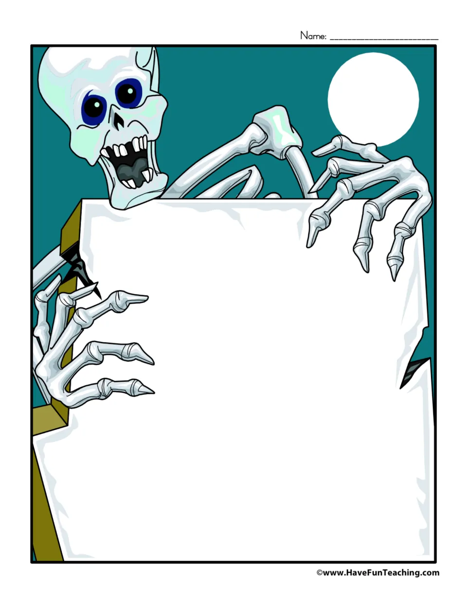 Halloween writing paper for student writing, with a Name label and no printed writing prompt or sample text.