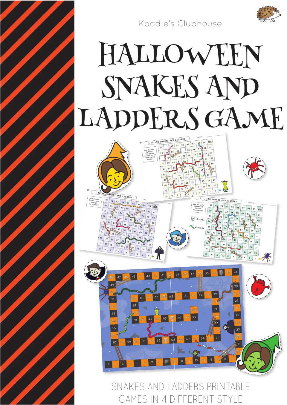 Cover: Halloween snakes and ladders printables in four styles, with 1 to 100 boards, an A3 board and character counters
