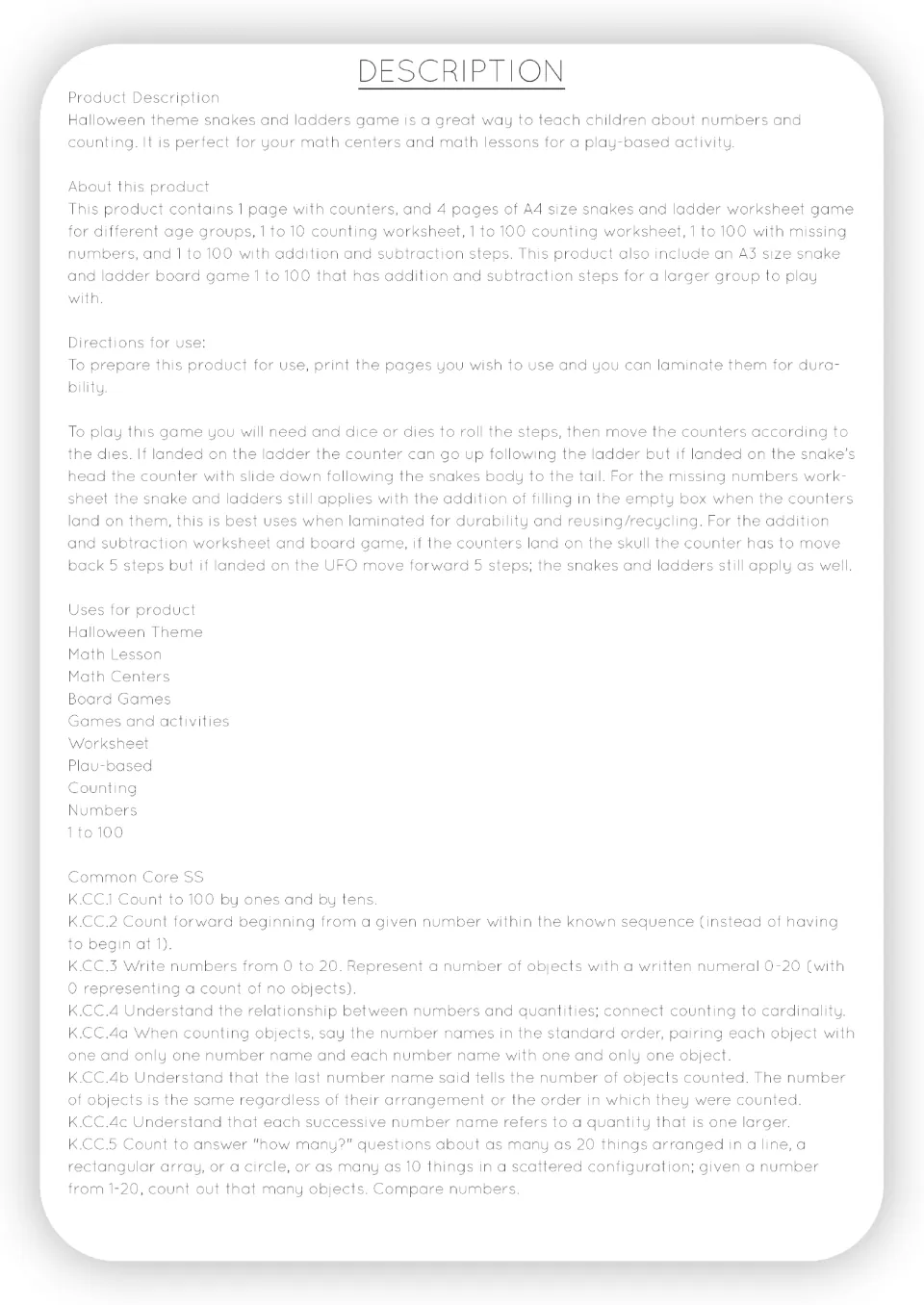 Product description: game directions for dice and counters, skull and UFO step rules, and Common Core counting codes