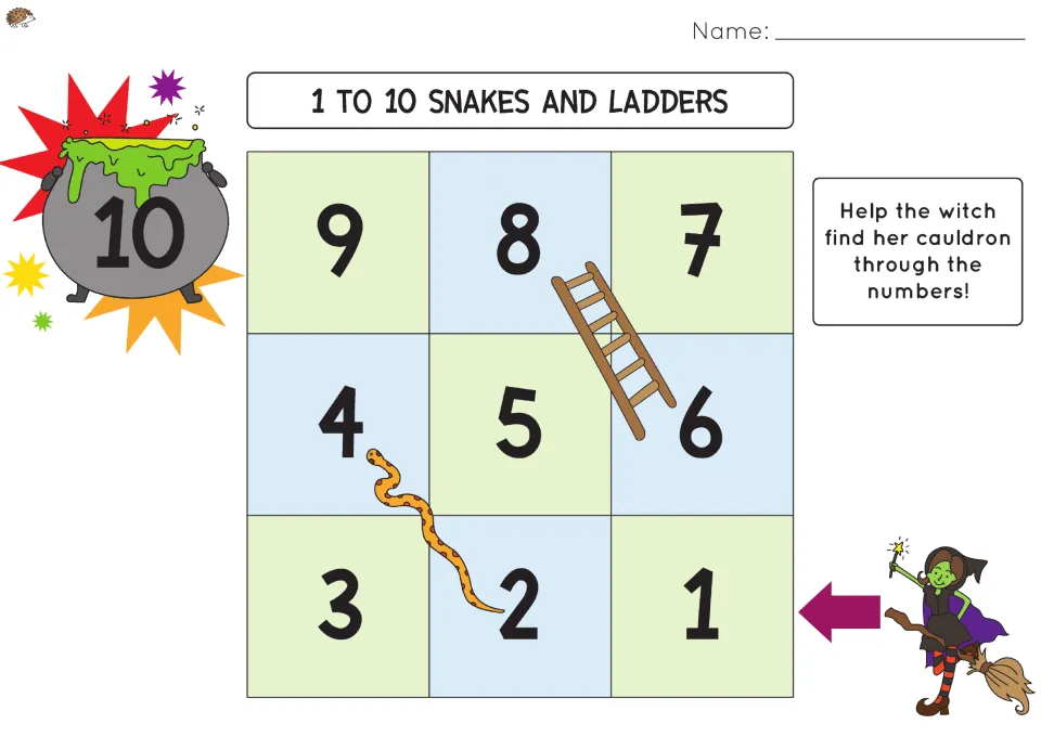 1 to 10 snakes and ladders: students count 1 to 10 to help the witch reach her cauldron, with one ladder and one snake