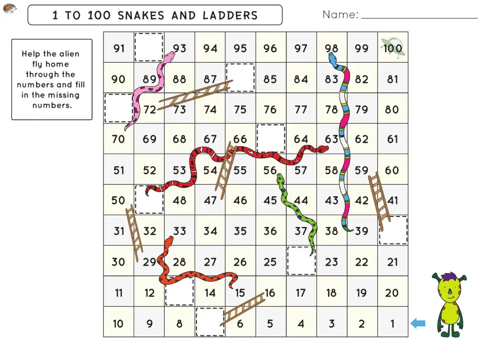 Missing numbers board: students help the alien fly home and fill in the blank squares of the 1 to 100 chart as they play