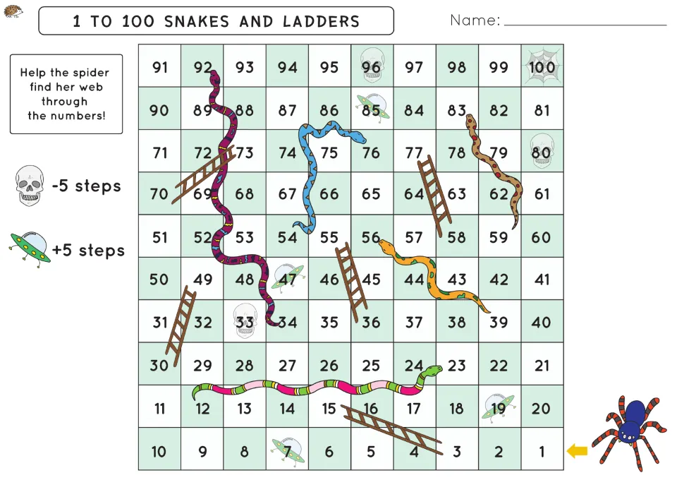 Addition and subtraction steps board: students help the spider find her web, moving +5 steps on UFOs and -5 on skulls