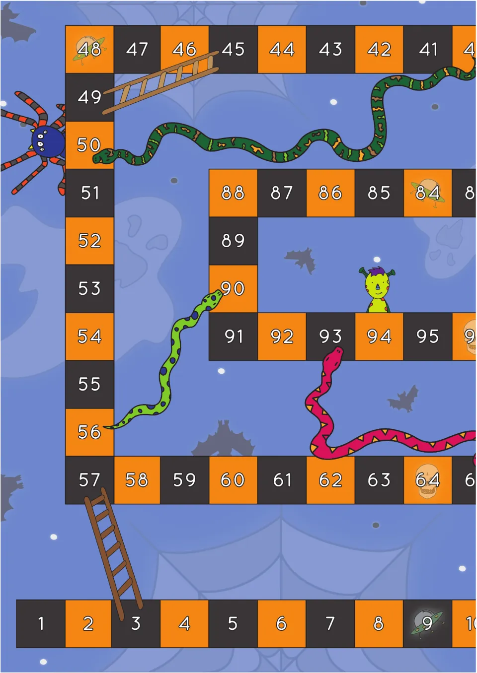 A3 board game cut-out piece: left half of the 1 to 100 path with spider, alien, snakes, ladders and skull and UFO squares